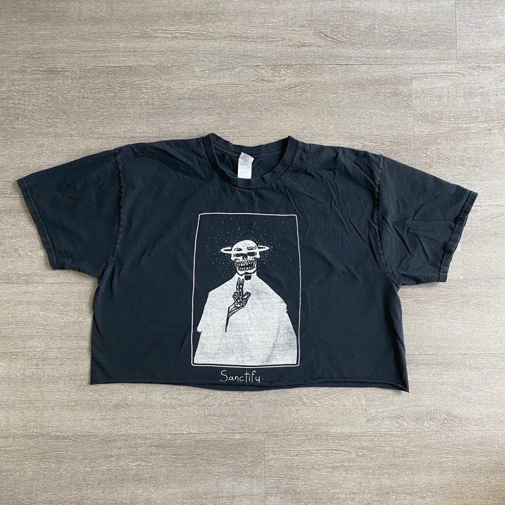 Sanctify T-Shirt Men's XXL Black Skull Skeleton Demon Cult Cropped Space Tee 311